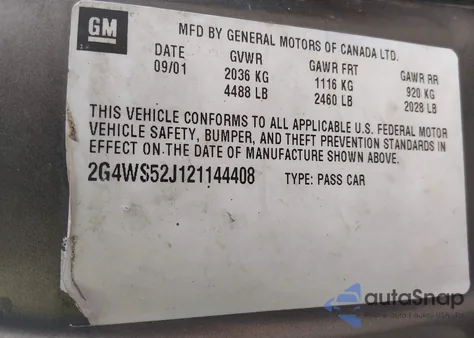 2002 Buick Century Custom z USA, uszkodzony, nr VIN 2G4WS52J121144408